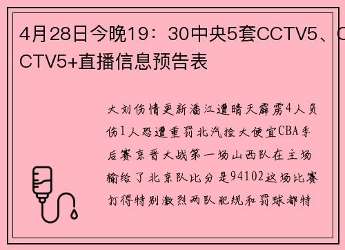 4月28日今晚19：30中央5套CCTV5、CCTV5+直播信息预告表